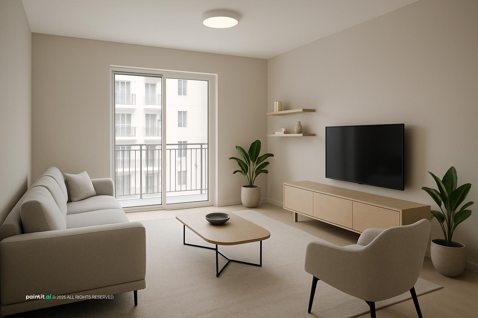 Minimal living room with light gray walls, a pale gray sofa, a low TV unit and an oval coffee table