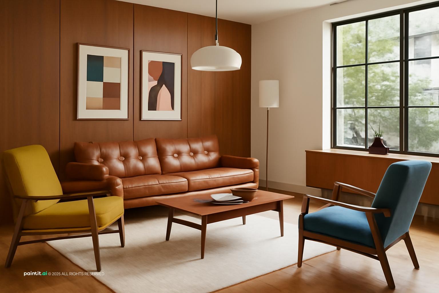 Mid-century living room with a cognac leather sofa, a blue and a mustard armchair and wood panelling