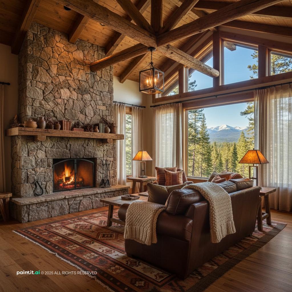 Cabin living room with a stone fireplace, timber ceiling, leather sofa and tall windows onto a forest