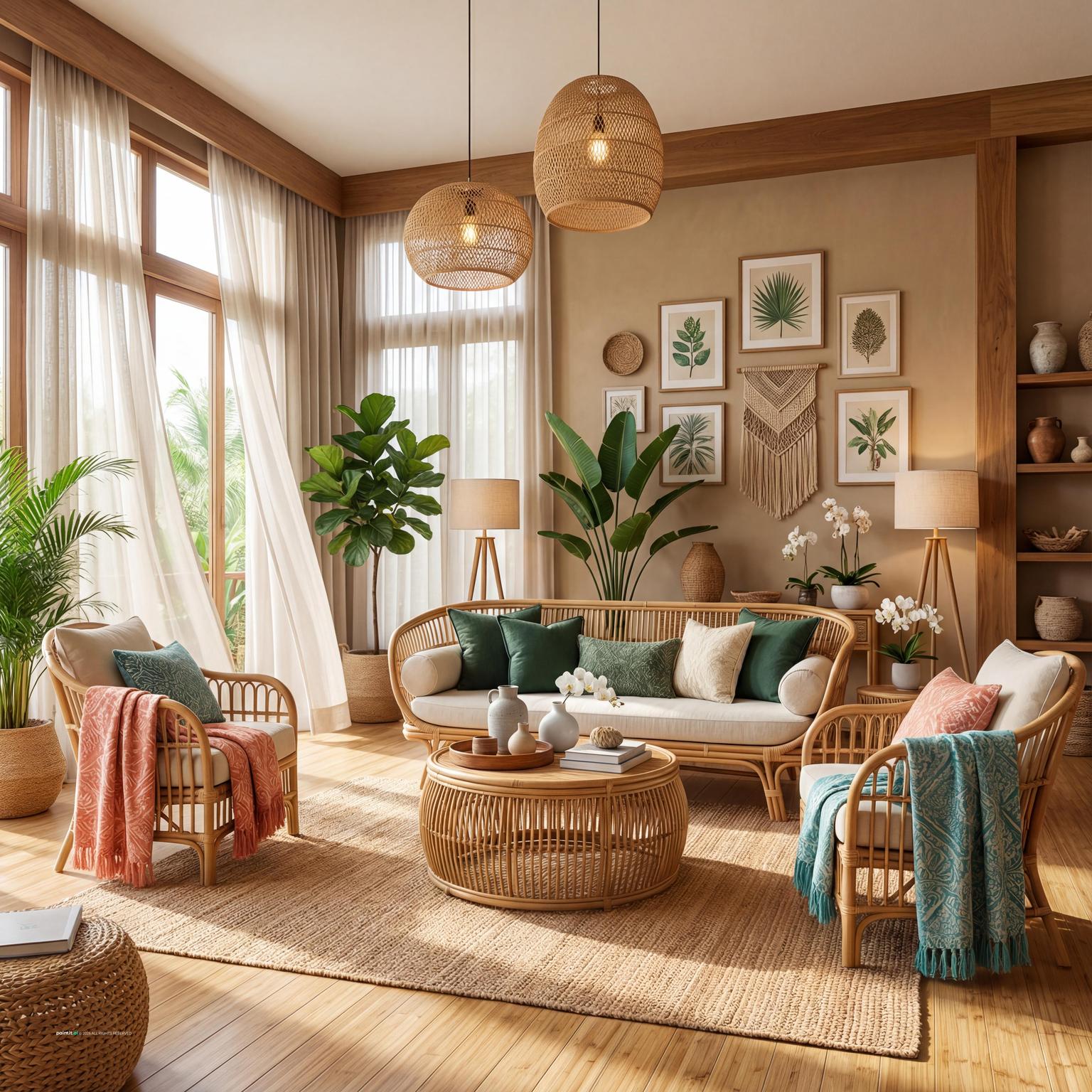 80s Miami tropical rattan room with natural texture and bright styling