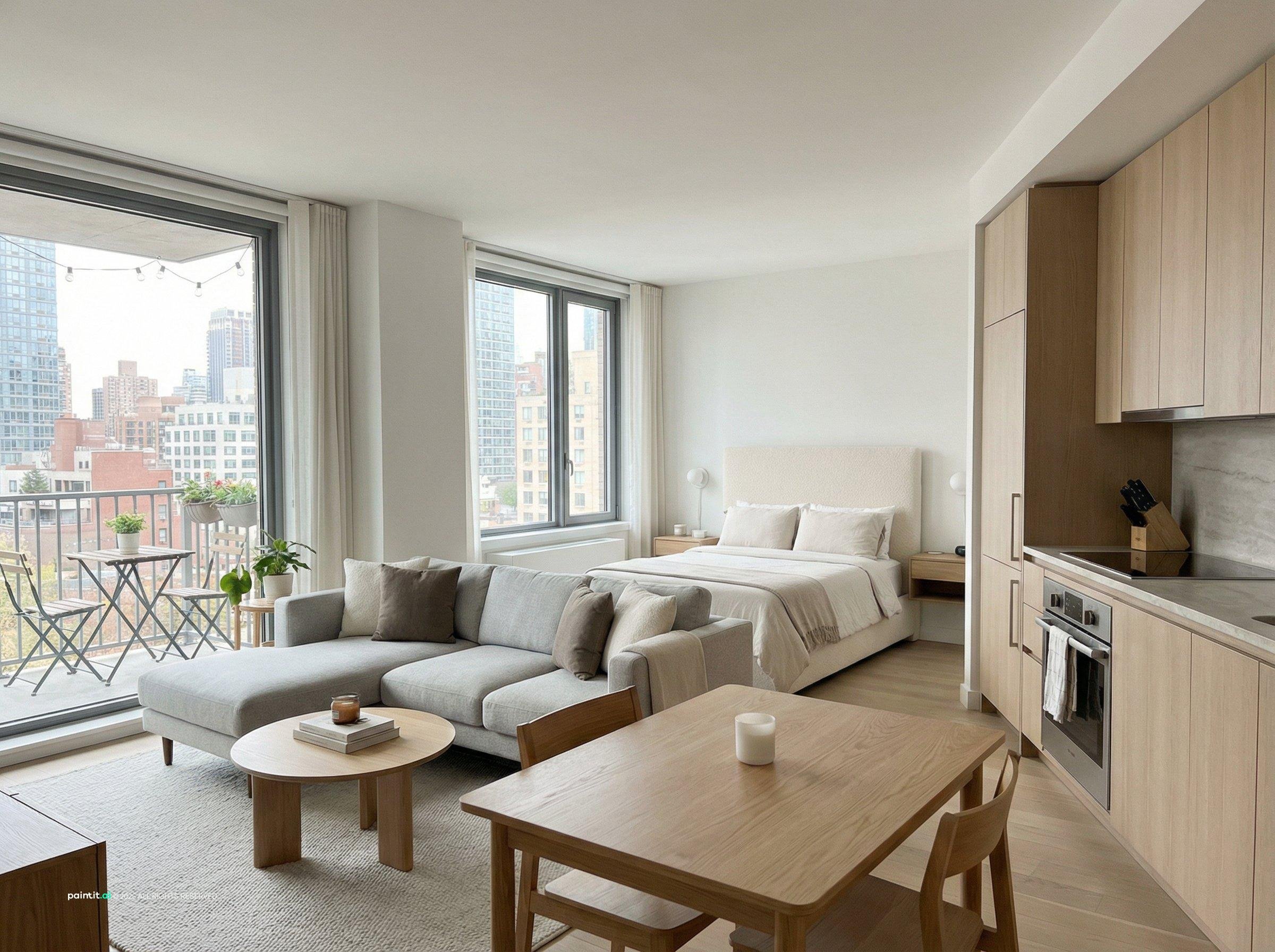 Compact one-bedroom condo with an L-shaped sofa, a bed behind a half-open partition, a small dining table and a balcony