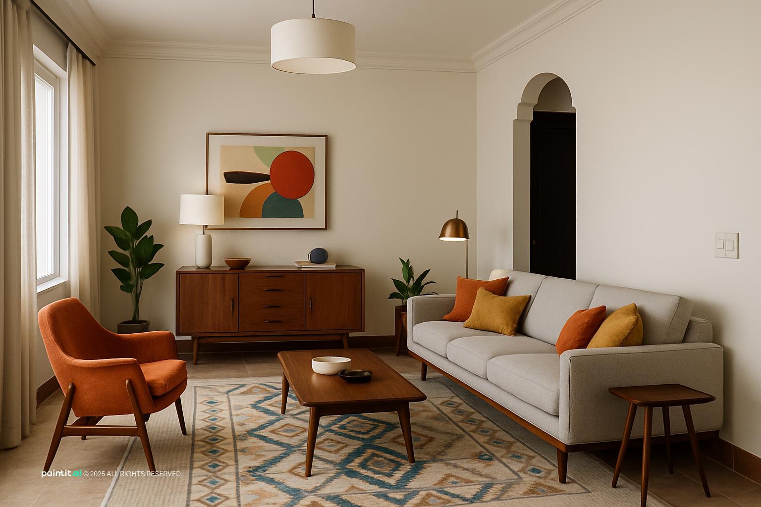Mid century living room with an orange armchair, a cream sofa and a diamond rug