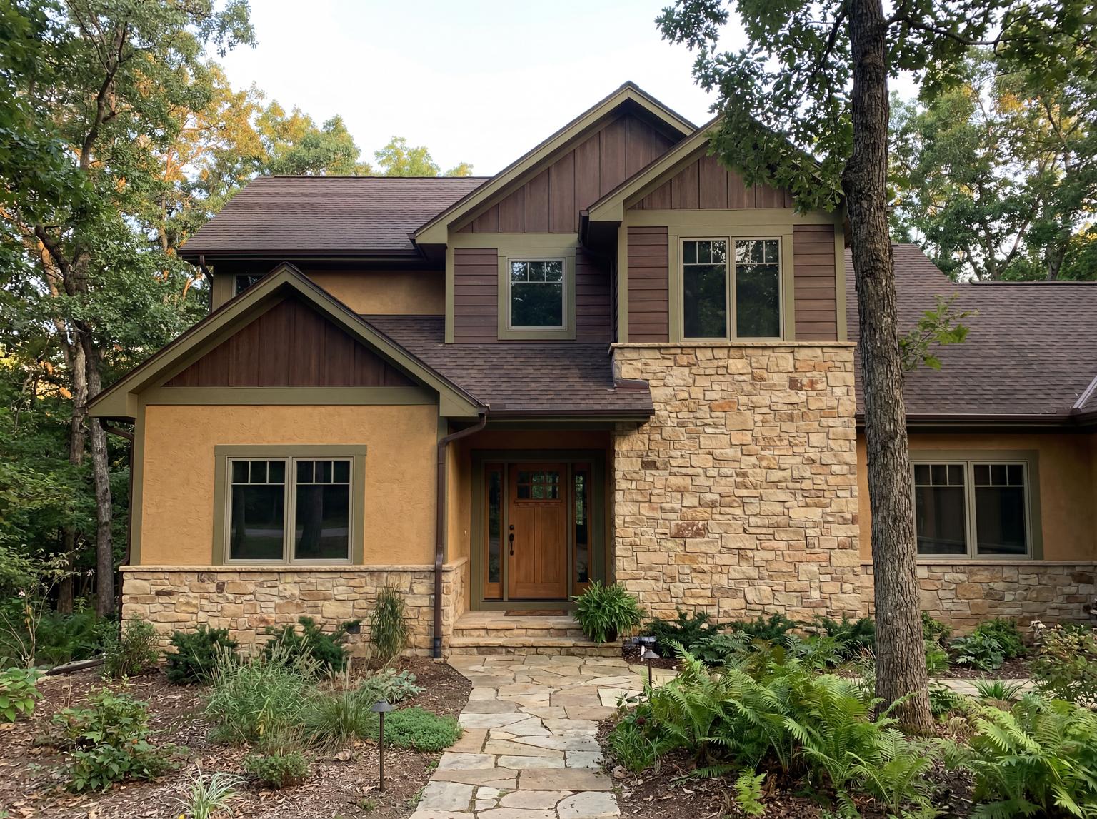 Santa Fe exterior with stucco, stone, and warm desert colors