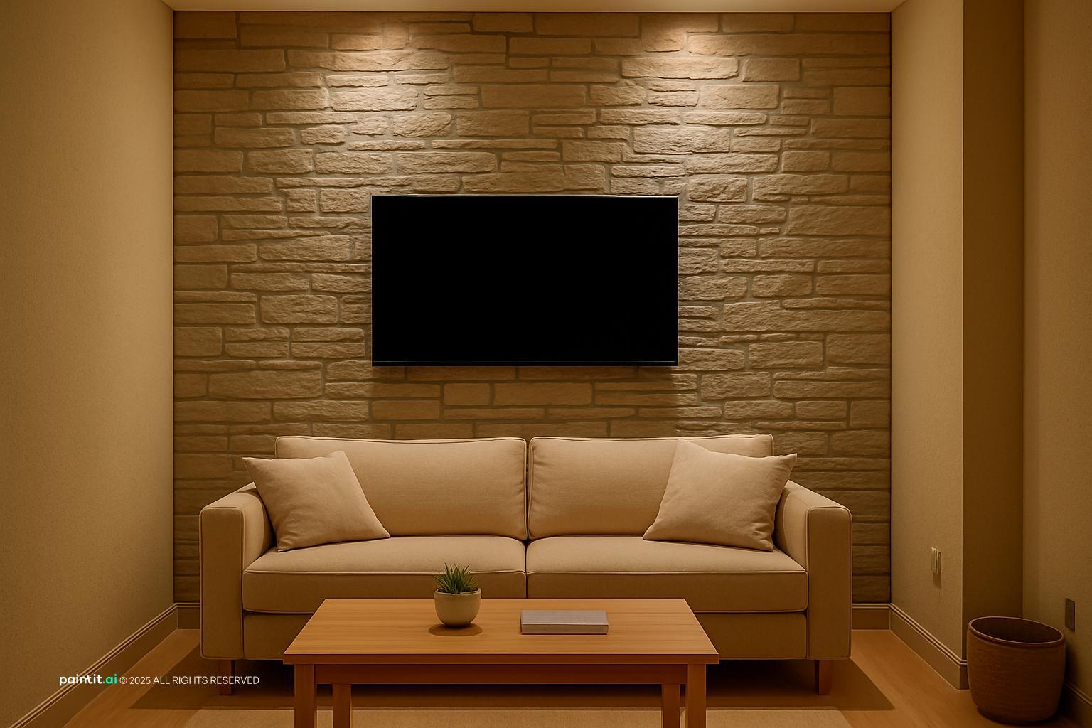 Living room with a stacked-stone TV wall, a tan sofa and a wooden coffee table