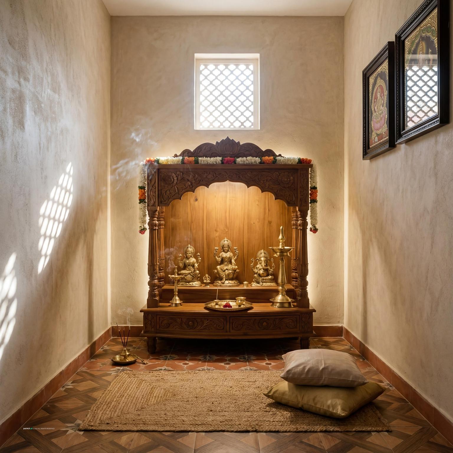 Pooja Room with cozy nook and layered decor