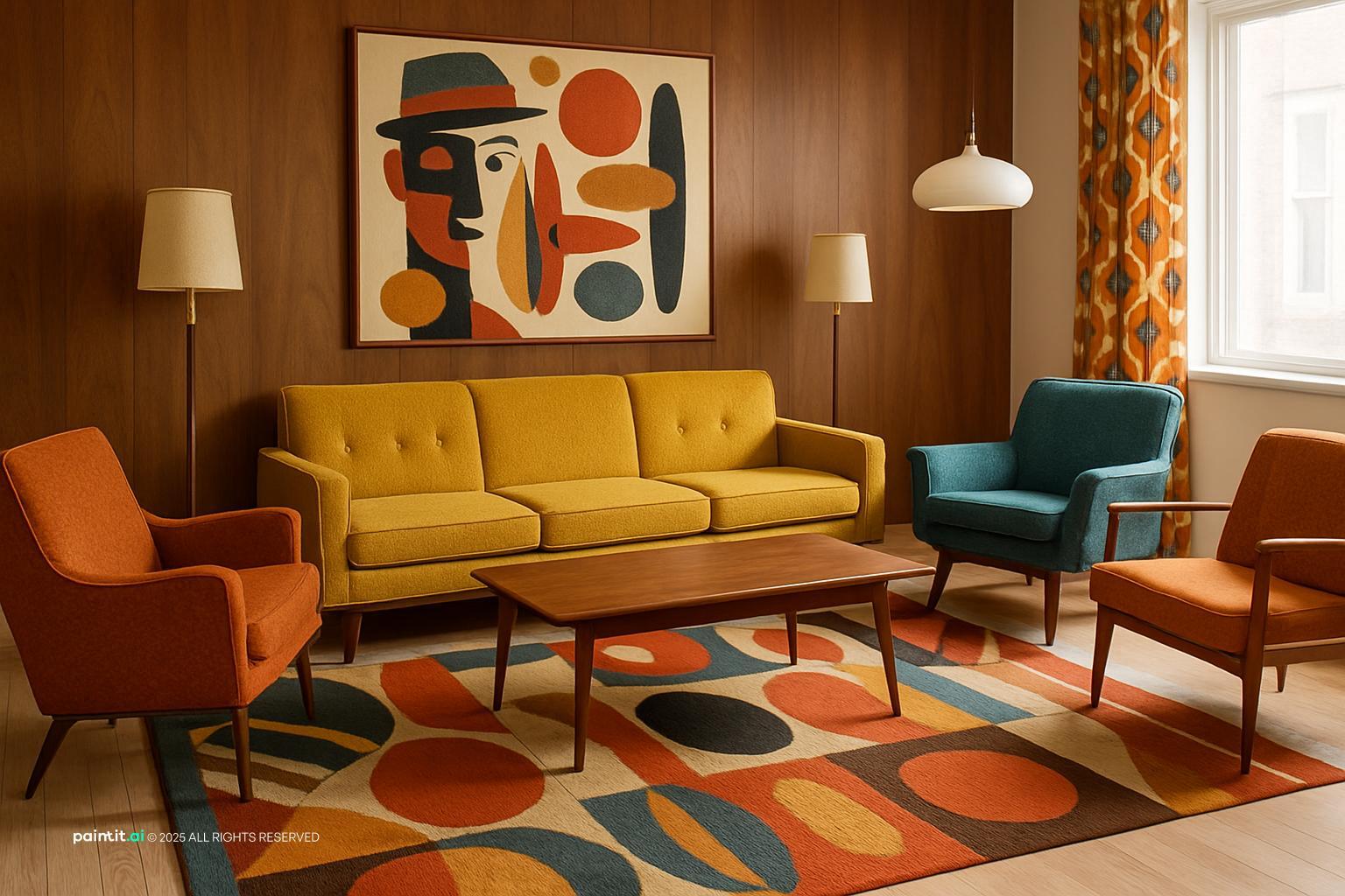 Mid-century living room with a mustard sofa, teal armchairs, walnut furniture and a retro patterned rug