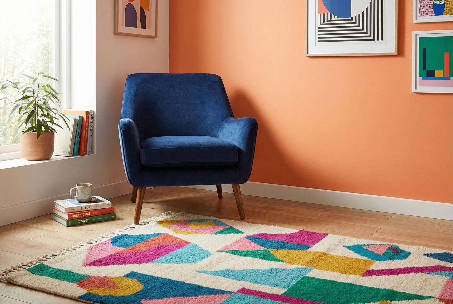  Interior design close-up shot, a corner of a room featuring a bold sunset orange accent wall