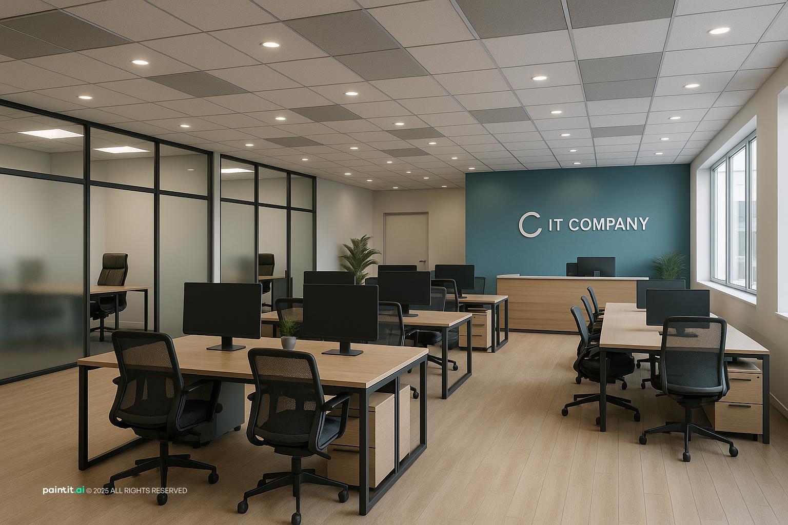 Modern professional office with glass partitions and workstations