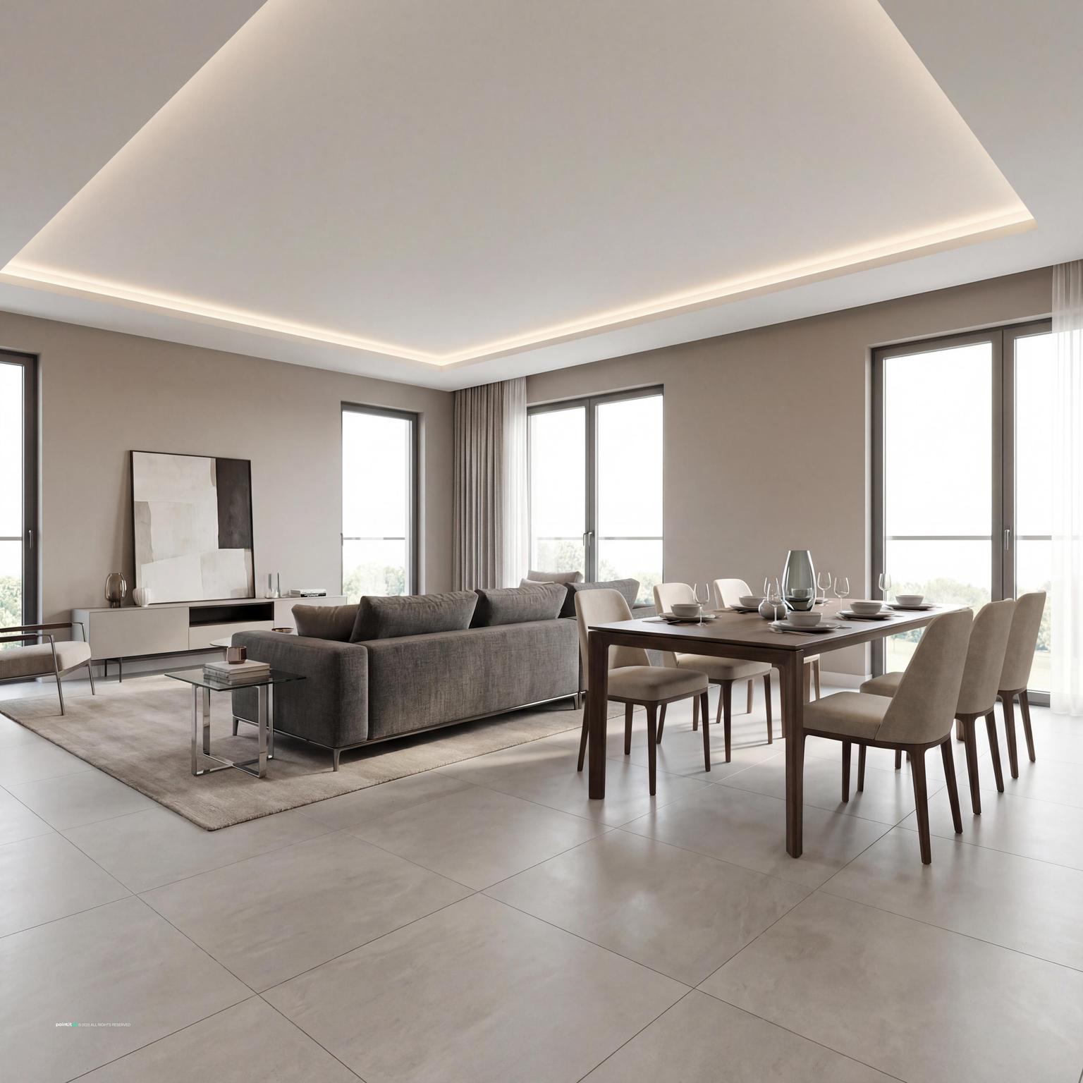 Modern living room design with integrated dining table; white small living room ideas, open concept, functional space, clean aesthetic.