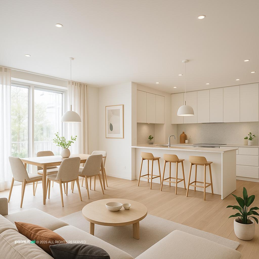 Modern Open-Concept Living & Dining Area Design with clean lines and a calm living room atmosphere.