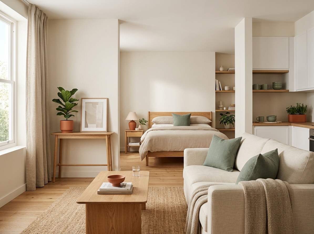 Studio apartment with cohesive warm neutral palette of cream walls and oak furniture with sage green and terracotta accents repeated throughout