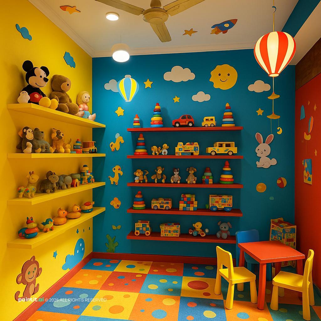 Playful toy shop with a colorful wall mural, bright shelving and a small kids' table
