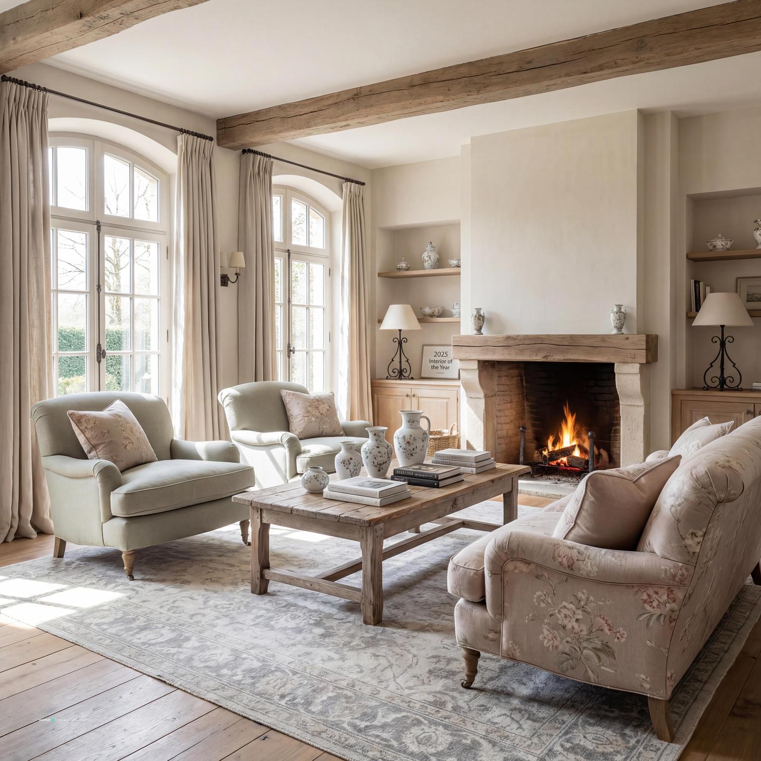 Elegant French Country light yellow living room design, featuring delicate patterns, antique touches, and a charming, sophisticated feel.