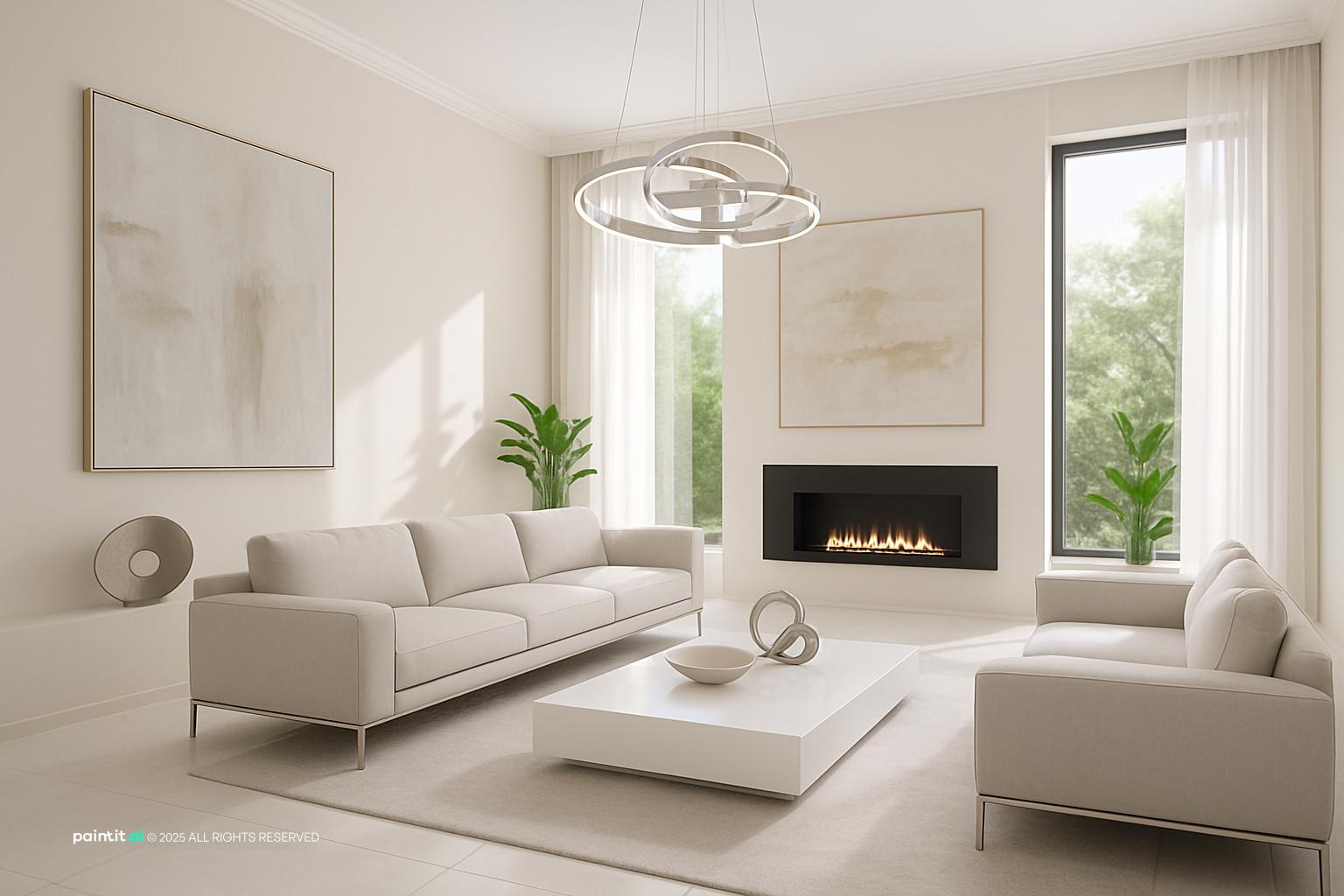White With Black Living Room Design with clean lines and floor to ceiling windows and a calm living room atmosphere.
