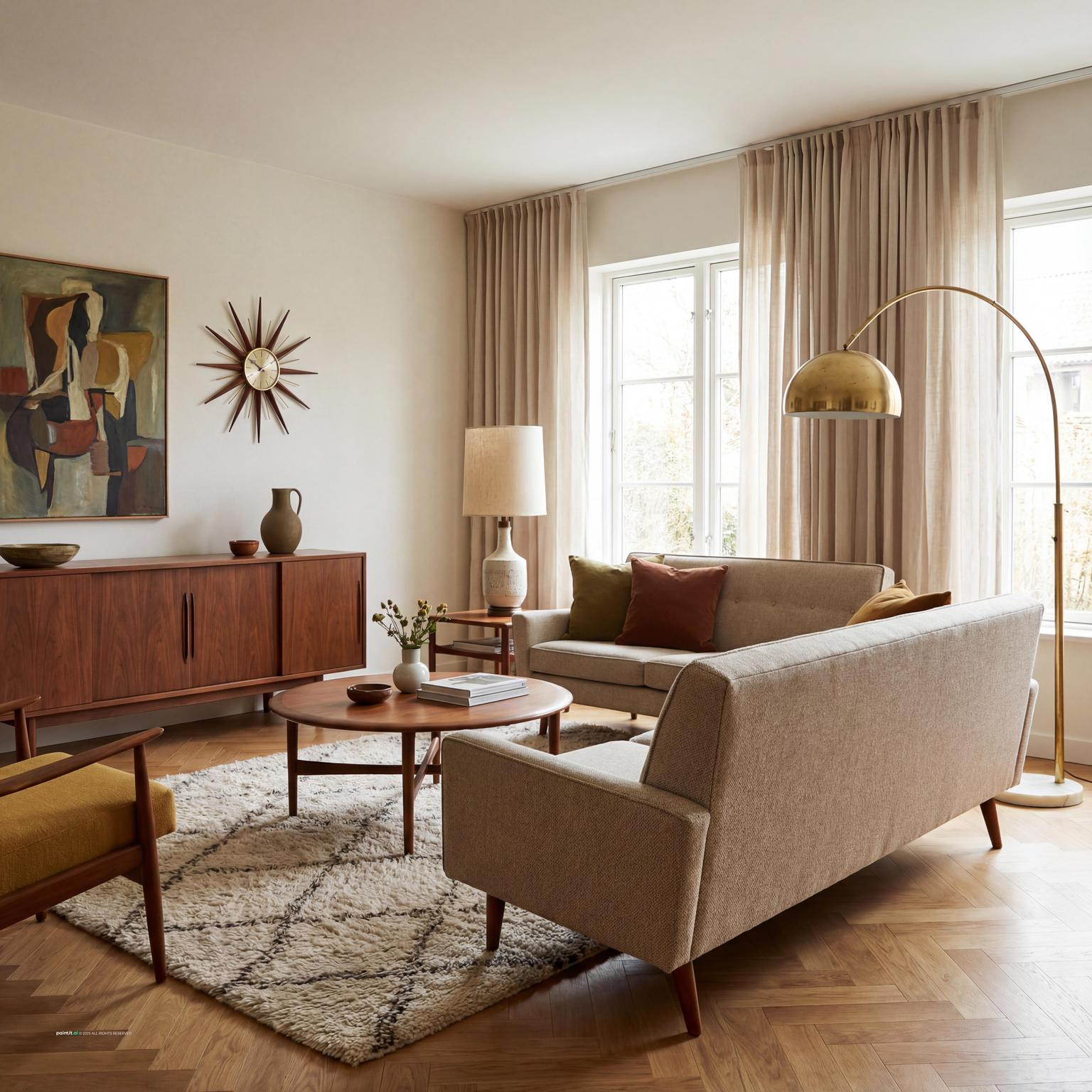 Stylish mid-century modern light yellow living room, blending iconic furniture with a vibrant, retro-inspired and chic palette.