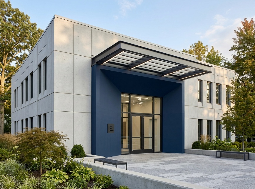 Office building entry portal in deep navy accent against a light gray facade.