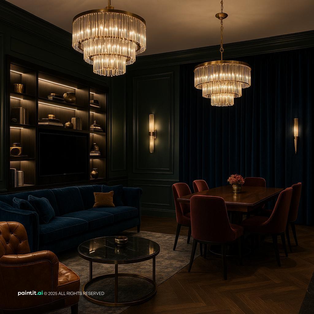 Upscale boutique hotel lounge design featuring a sophisticated wine red living room, plush seating, and ambient lighting for a luxurious experience.