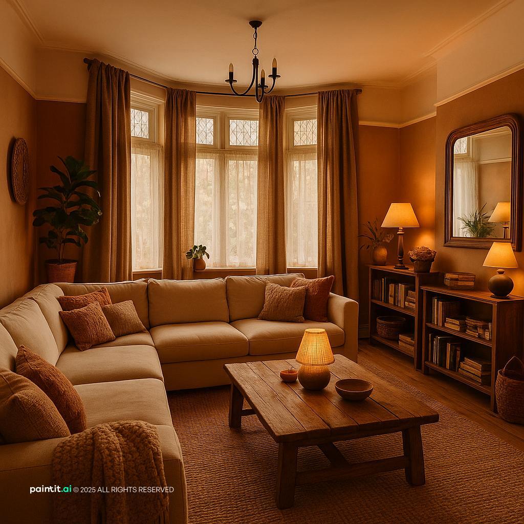 Living room with a rust-orange sectional, brown wood furniture, bay windows with curtains and warm lamps