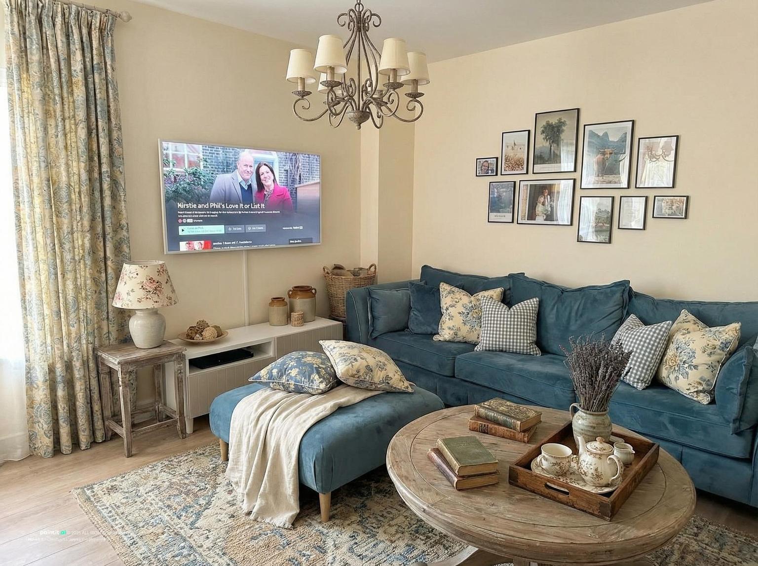 Living room with a blue sectional, floral cushions, a chandelier and a round table