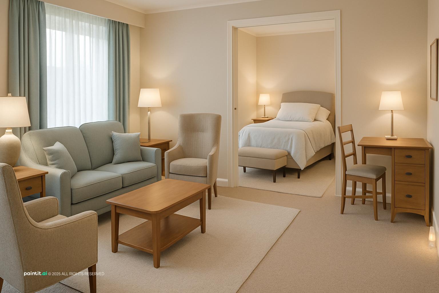 Senior suite with a pale blue sofa, high-back armchairs, a wooden coffee table and a bedroom visible through a wide opening