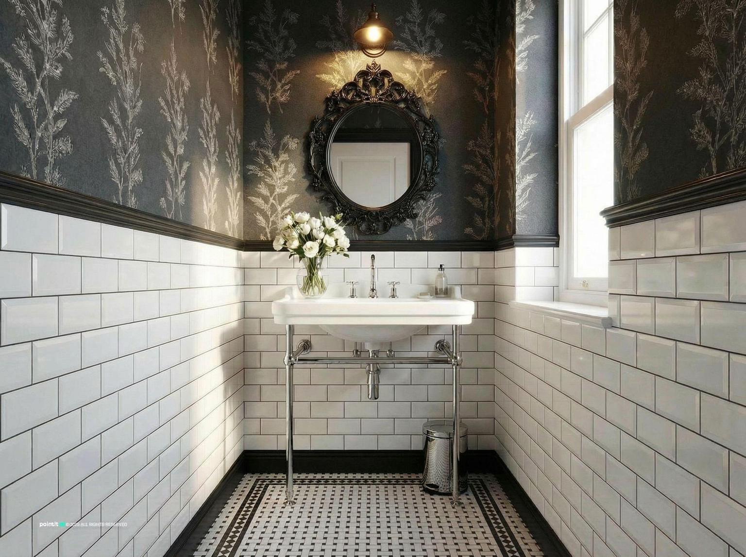 Small Victorian bathroom with white subway tiles to dado height, dark botanical wallpaper above, a console basin and a black-framed mirror