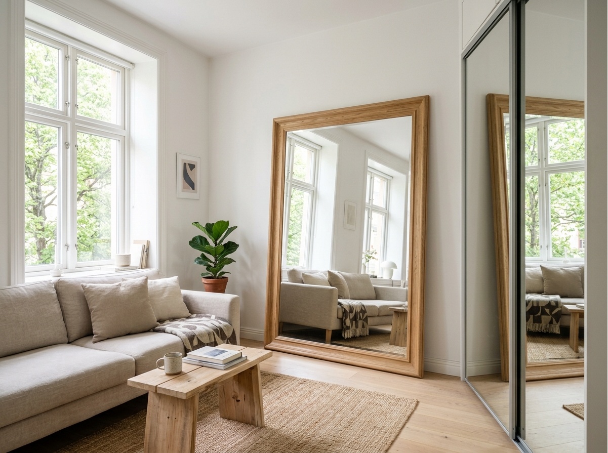 Small studio apartment with large floor mirror opposite the window and mirrored closet doors creating an illusion of double the space
