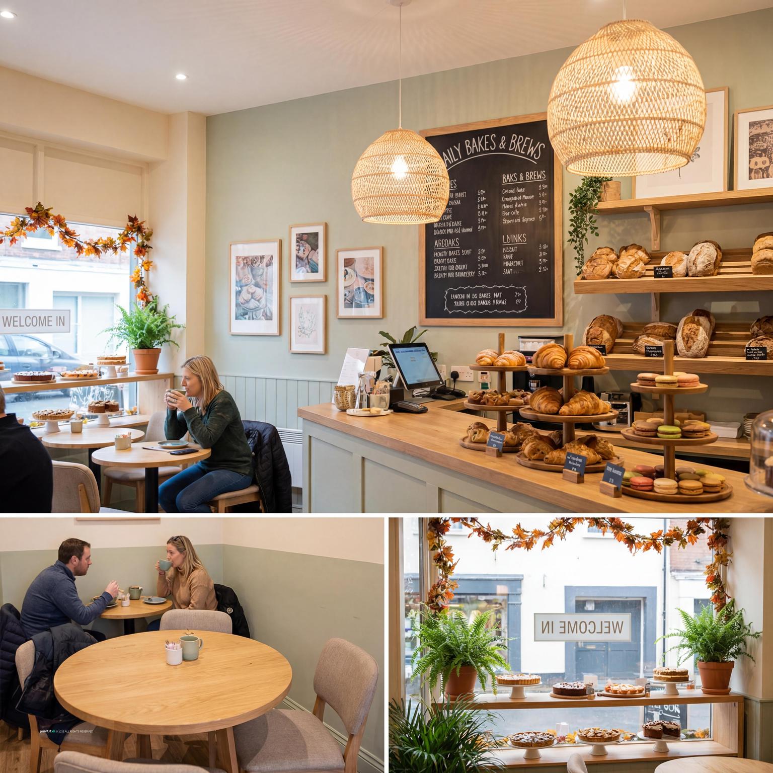 Cozy modern bakery interior with pastry display and warm lighting