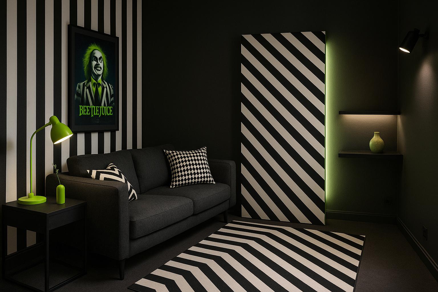Beetlejuice-Inspired Living Room Design showing work-from-home zone for Home Office In Living Room Ideas.