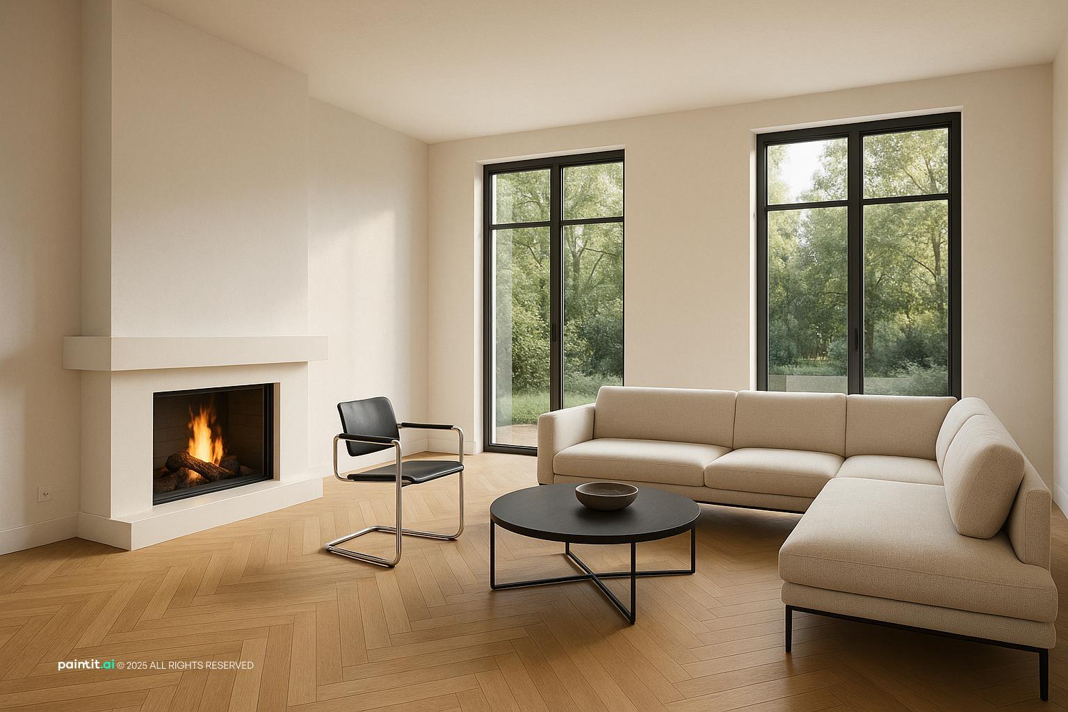 Modern living room with elegant oak parquet, enhancing the white oak floors aesthetic.