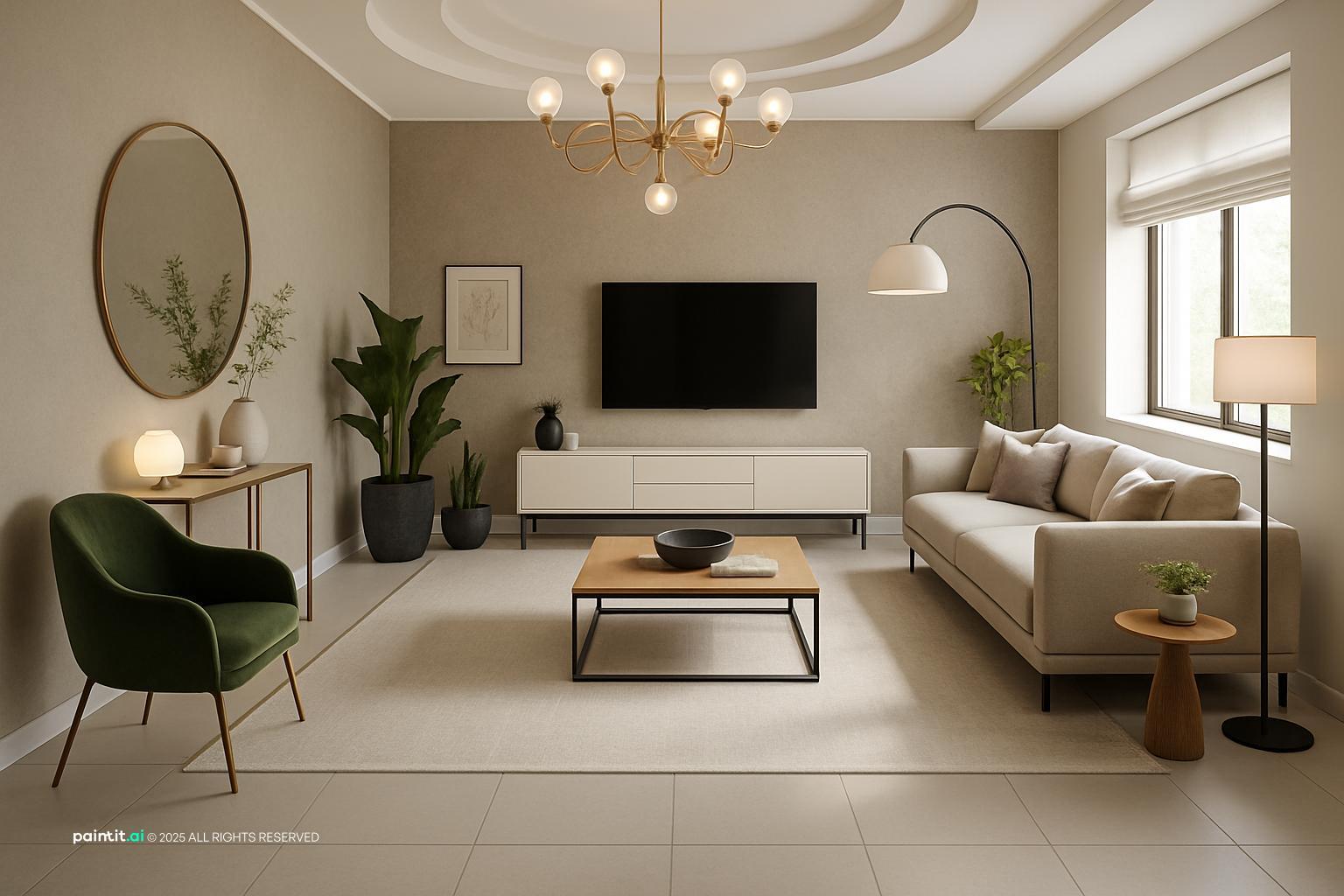 Living room with a soft beige accent wall, a round mirror, a green armchair and a TV