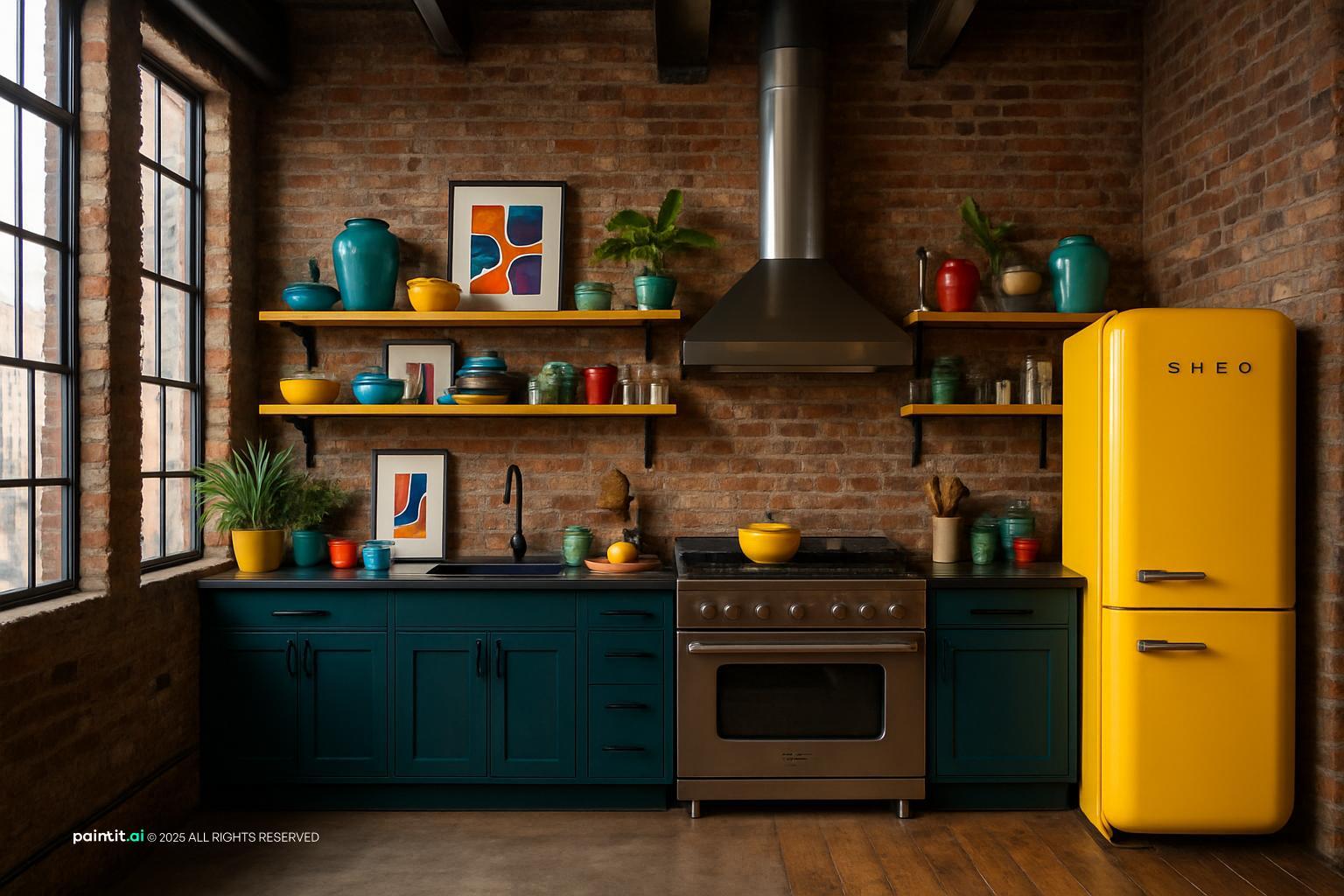 Brick loft kitchen with dark green cabinets, a yellow retro fridge and colorful open shelves