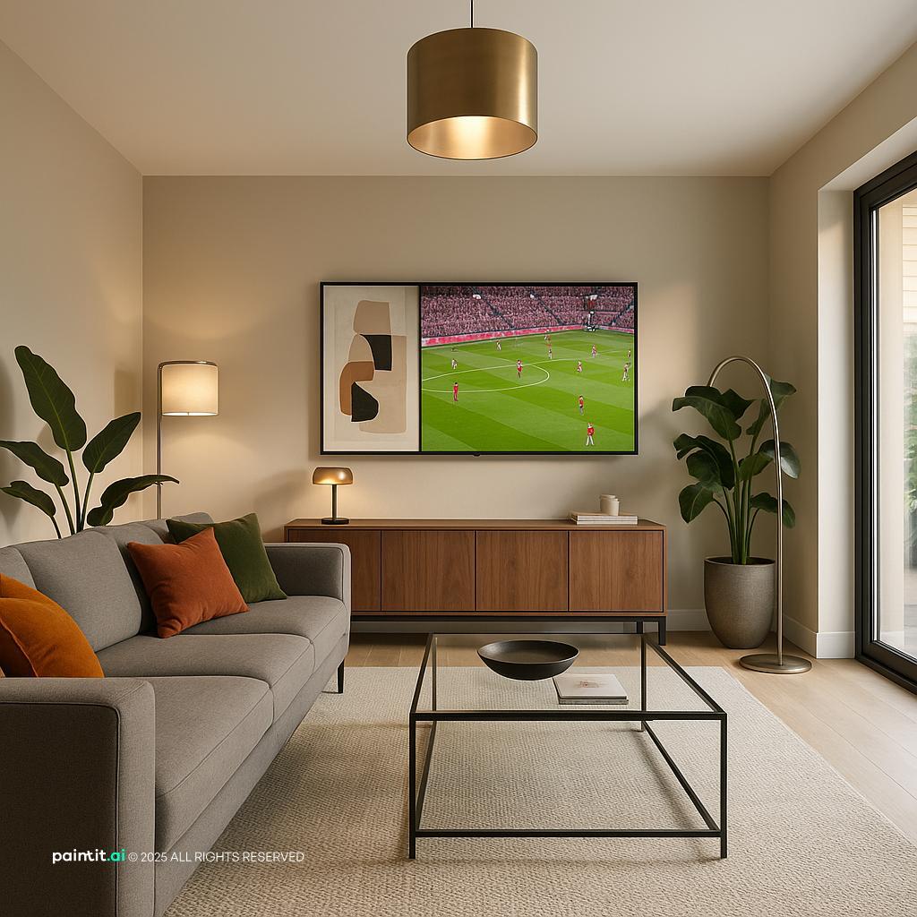 Grey sofa with orange cushions, a glass coffee table and a wooden sideboard