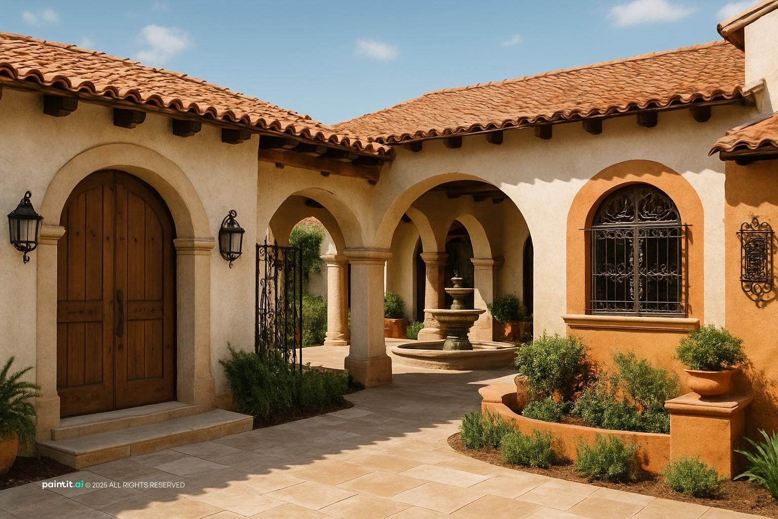 Hacienda-style house with a red tile roof, an arched courtyard and heavy wooden doors