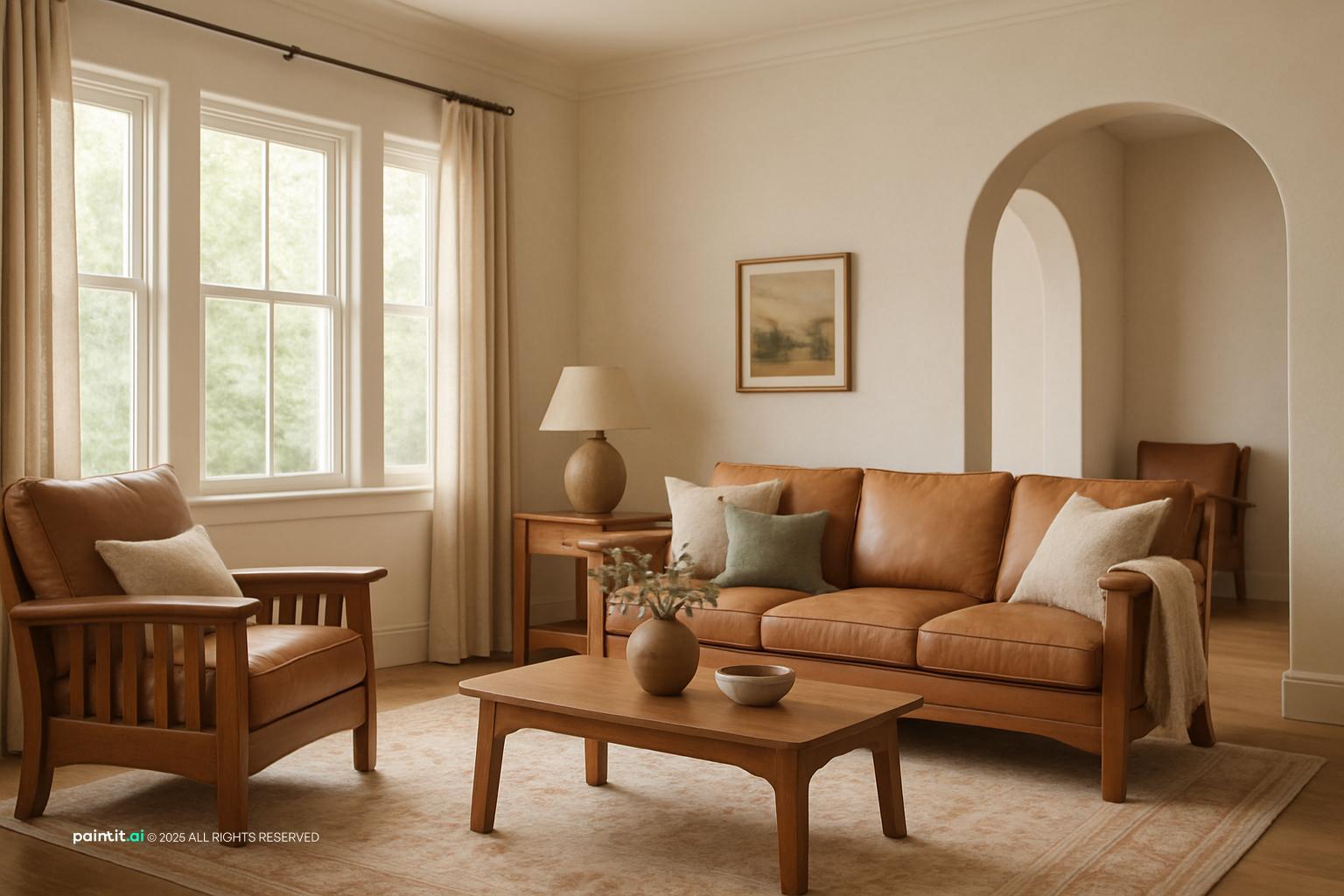 Bungalow living room with a leather sofa, a Mission-style armchair, a wooden coffee table and an arched doorway