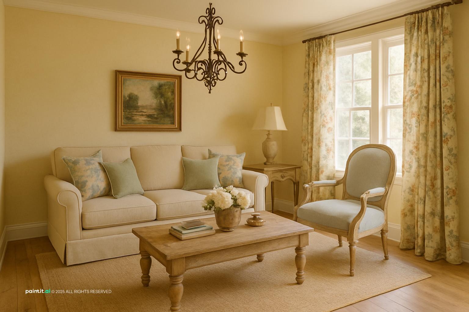 Country sitting room with a cream sofa, floral curtains, a gilt-framed painting and a wooden coffee table