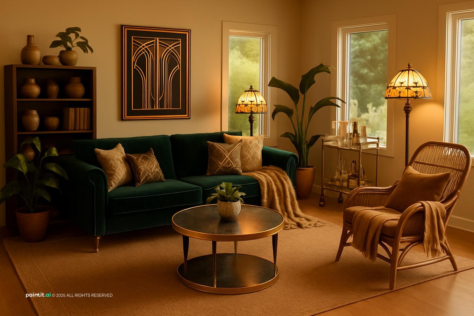 Living room with a dark green velvet sofa, rattan armchairs, a tiffany-style lamp and warm amber walls