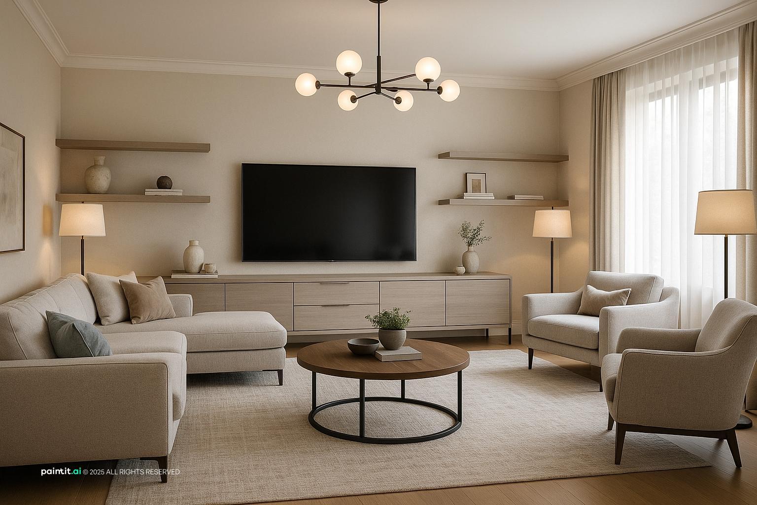 Modern Furnished Living Room Design showing seating facing the screen, layered neutrals for Living Room Tv Wall Ideas.