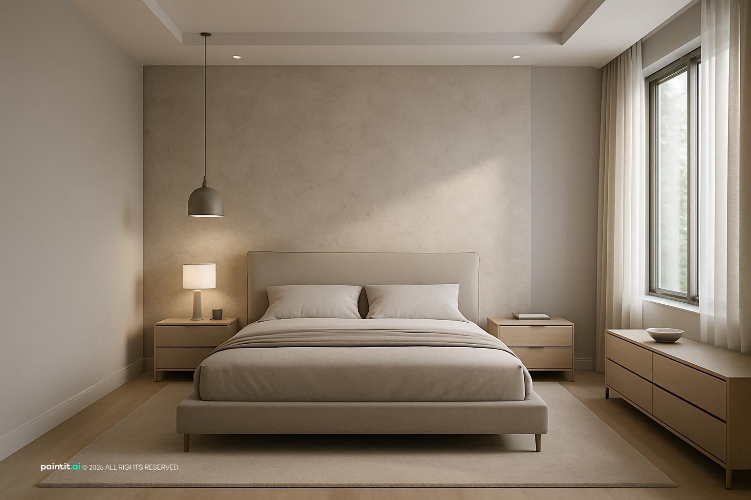 Contemporary bedroom with a textured feature wall, a low bed, a pendant light and a tall window