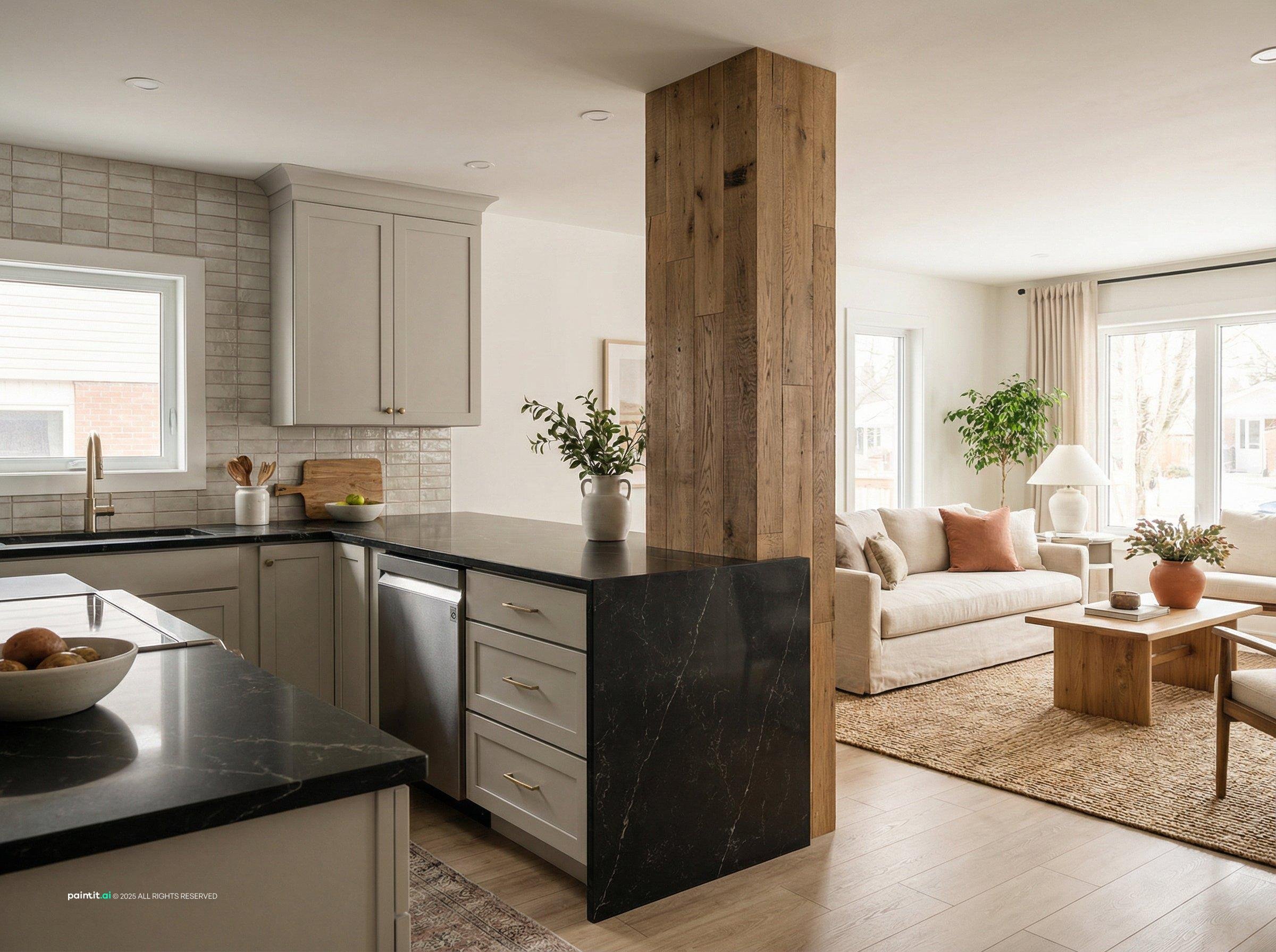 Modern kitchen with light cabinets, dark countertops and a wood-clad column opening onto a bright living room