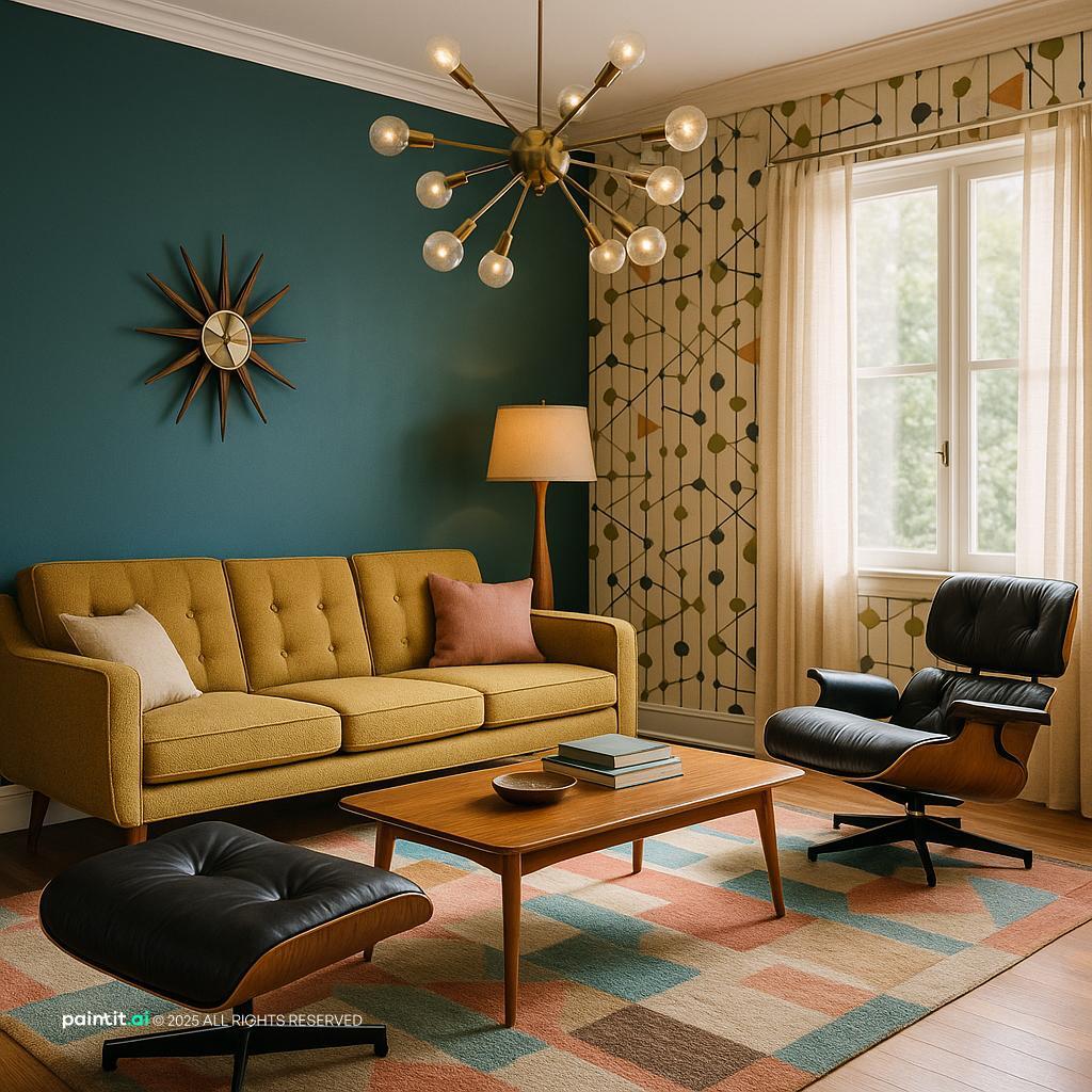 Ultra-Realistic 50s Style Living Room Design with daylight and lighting and a calm living room atmosphere.