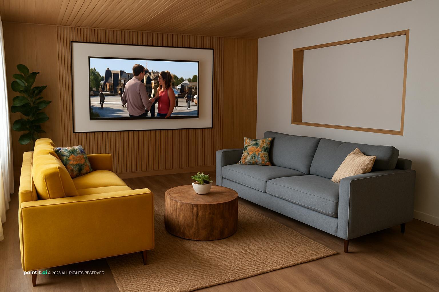Living room with a gray sofa and a yellow sofa, a wood-paneled TV wall and a round wooden table