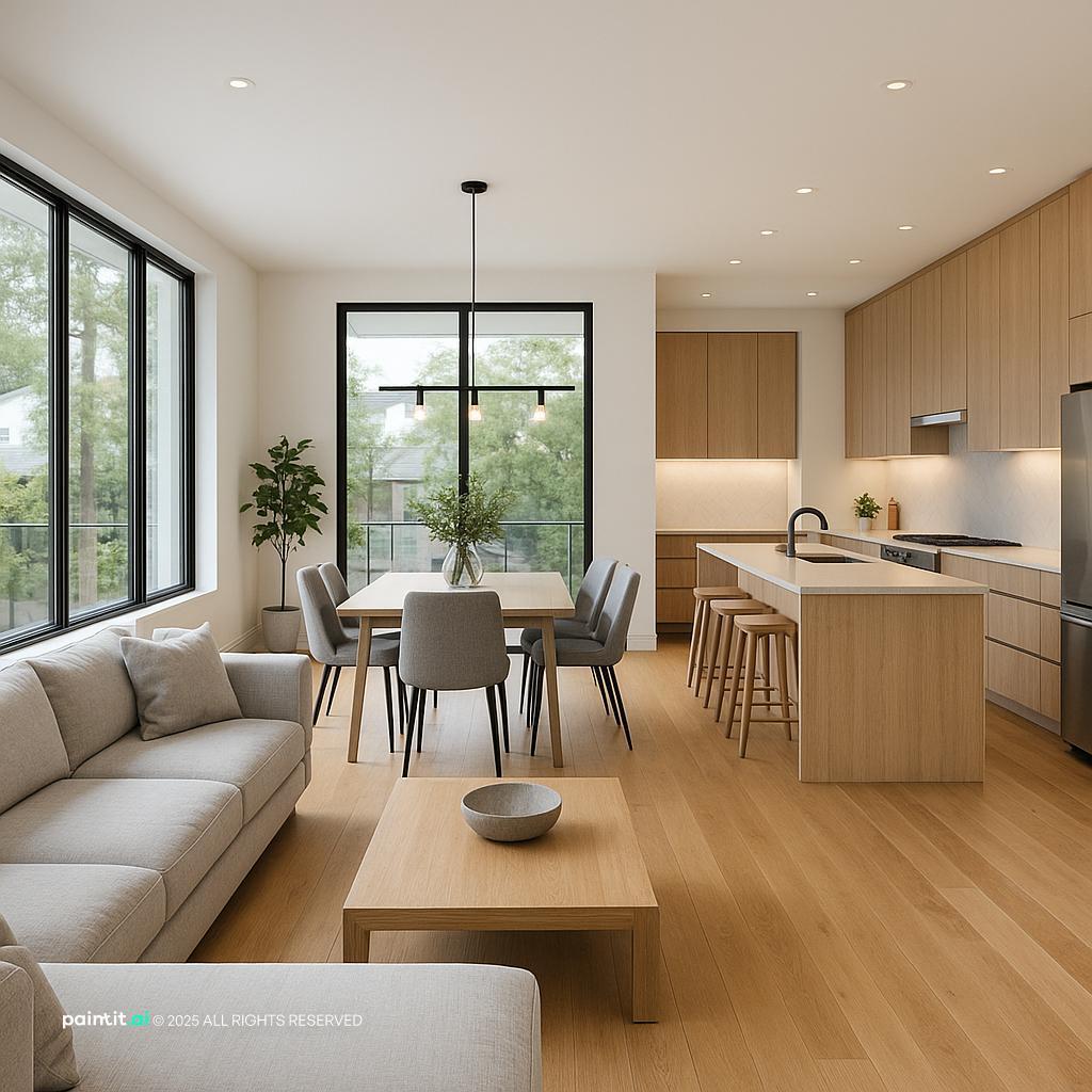 Unified interior using repeated wood tones, curved forms, and black accents