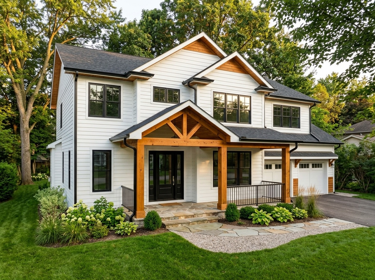 White house with black window frames and cedar wood porch  and soffit accents for a warm modern exterior