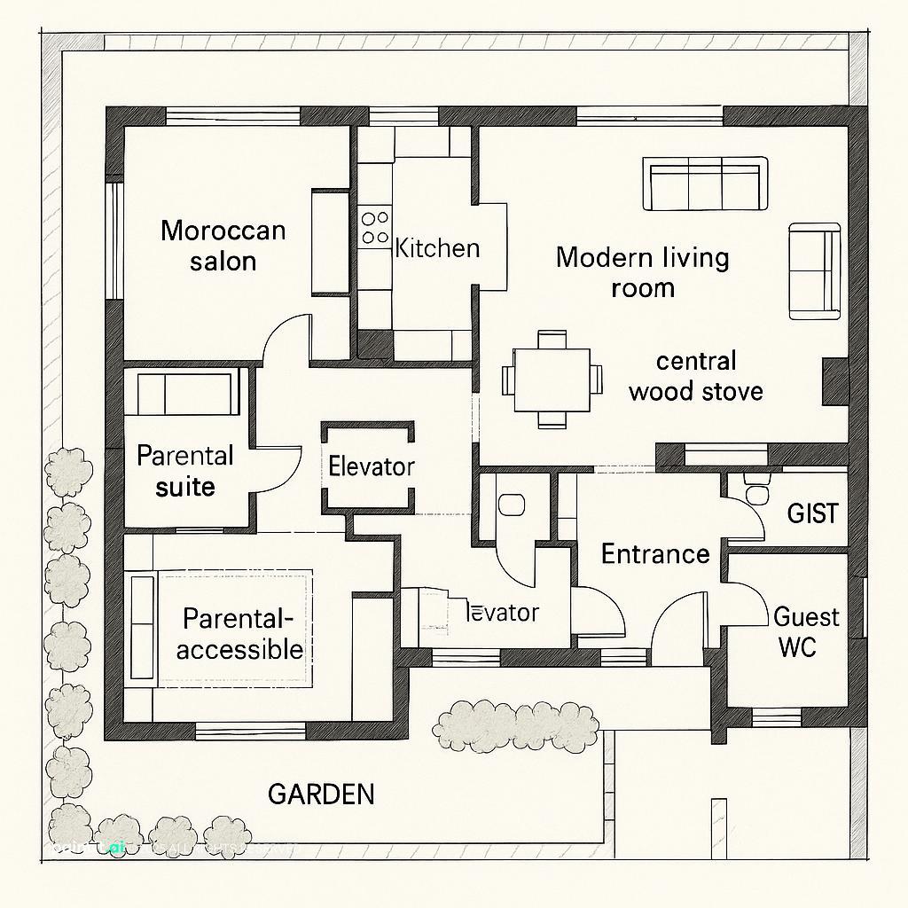 Modern & Traditional Single-Story Home Design with wood and a calm living room atmosphere.