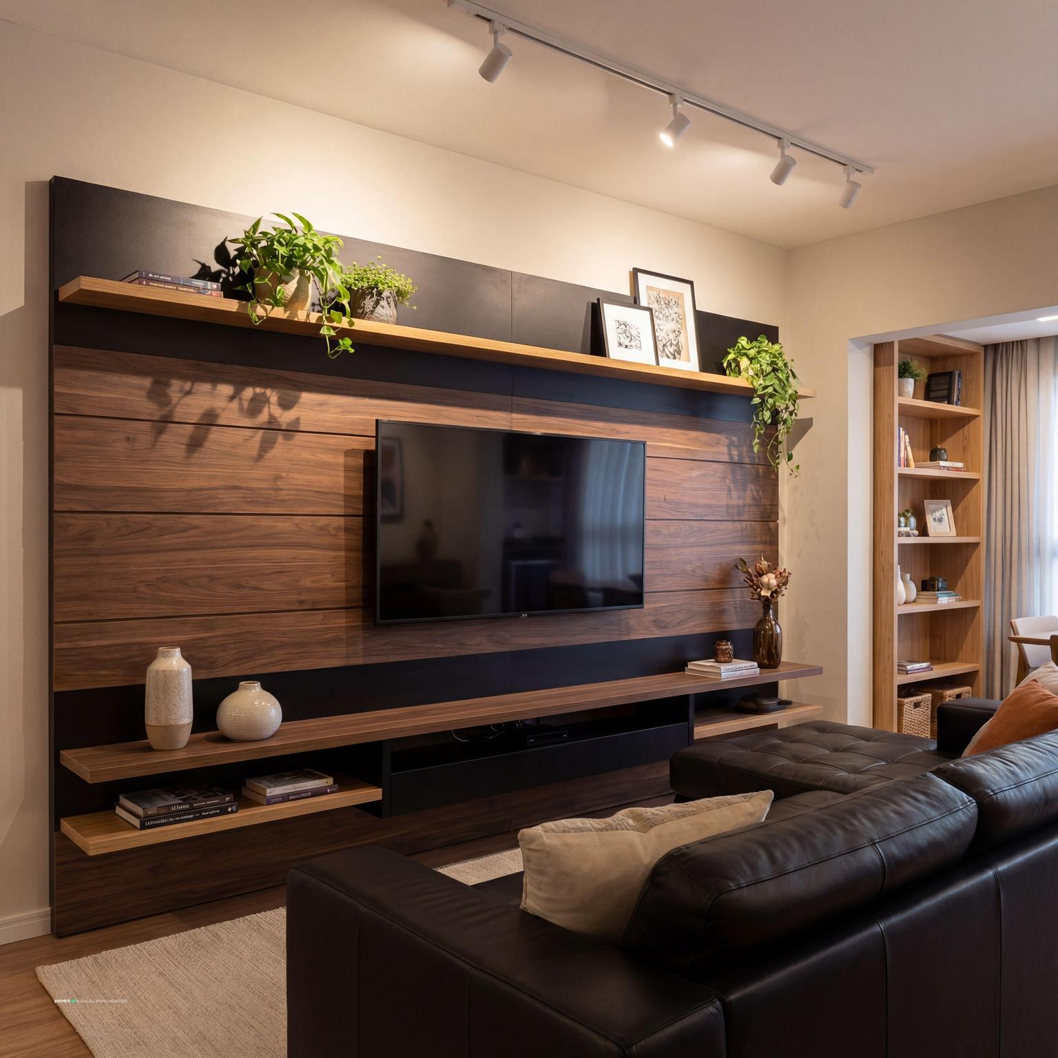 Modern minimalist TV panel design for living rooms, featuring sleek wood paneling, integrated storage, and a clean, uncluttered aesthetic.