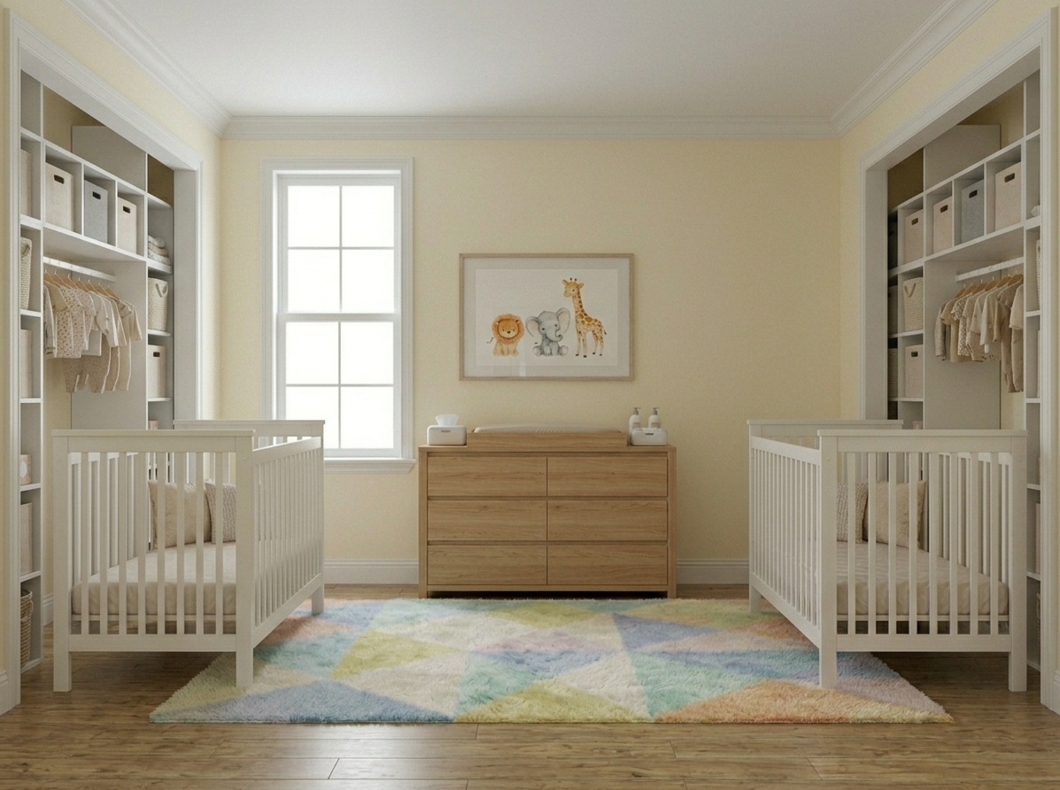 Symmetrical twin nursery layout with two cribs and a shared changing station