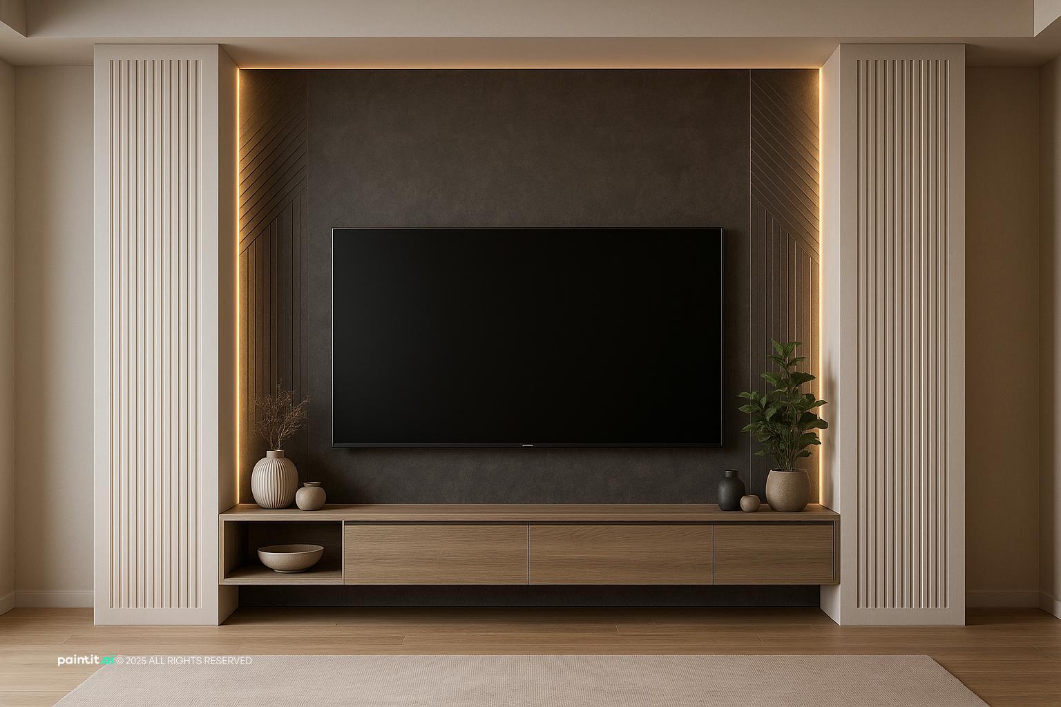 Stunning Modern TV Wall Design for Living Rooms in apartment decor, sleek unit, LED lighting, and columns.