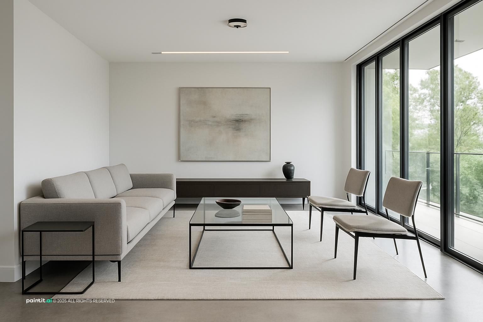 Modern white living room with black-framed glass doors, a light gray sofa and a glass coffee table