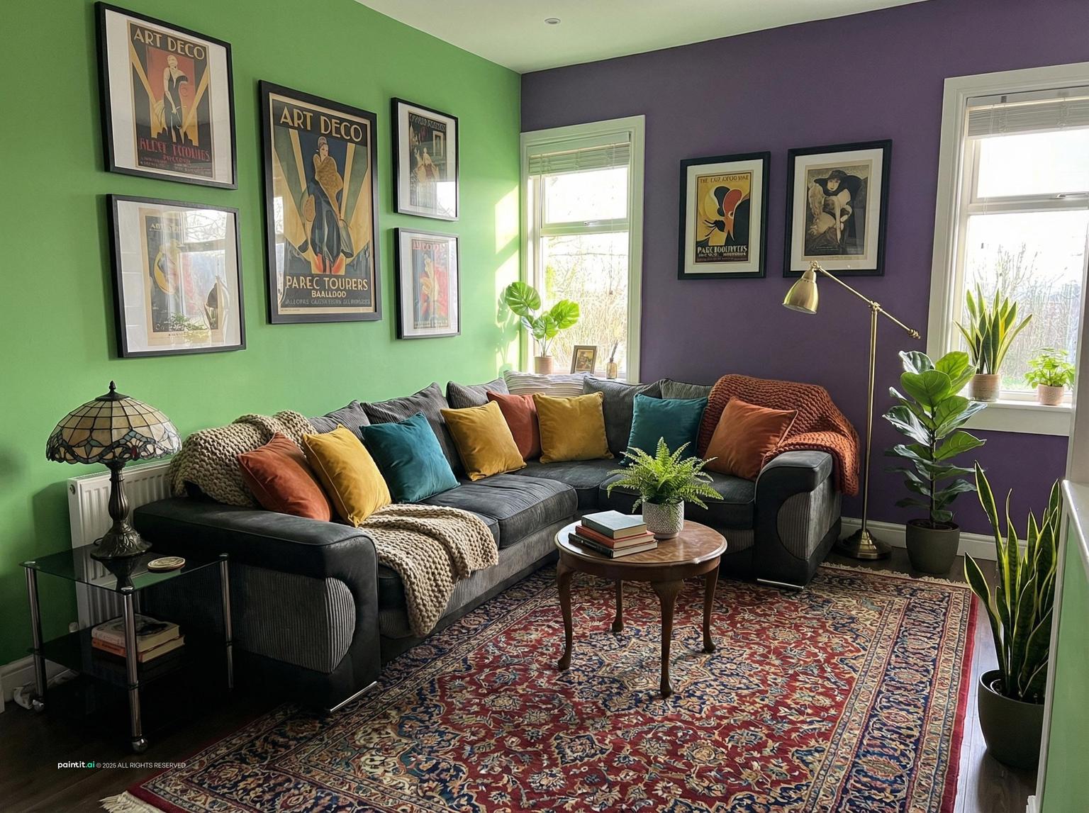 Small eclectic vintage living room with green and purple walls, a gallery wall and a gray sofa with colorful cushions