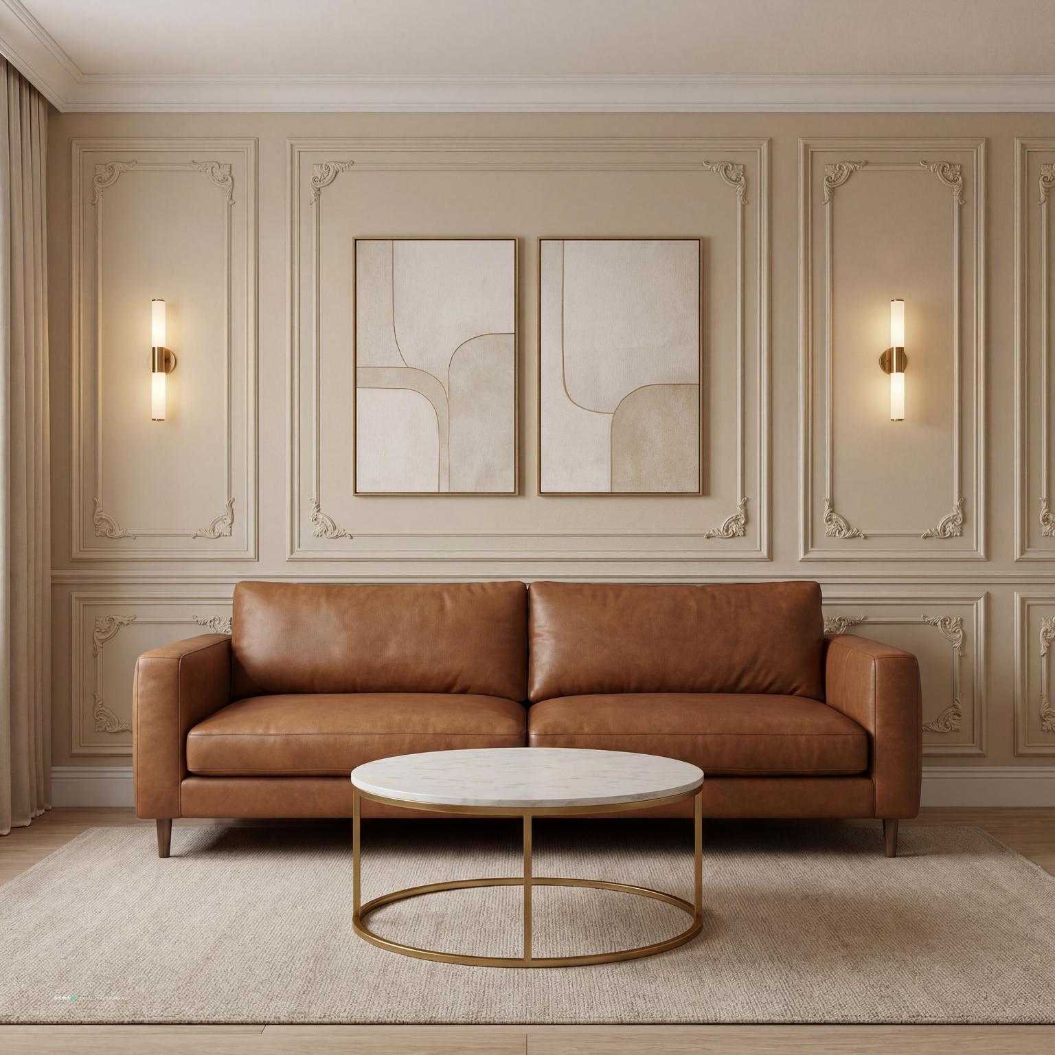 Living room with a tan leather sofa, cream panelled walls and a round white table